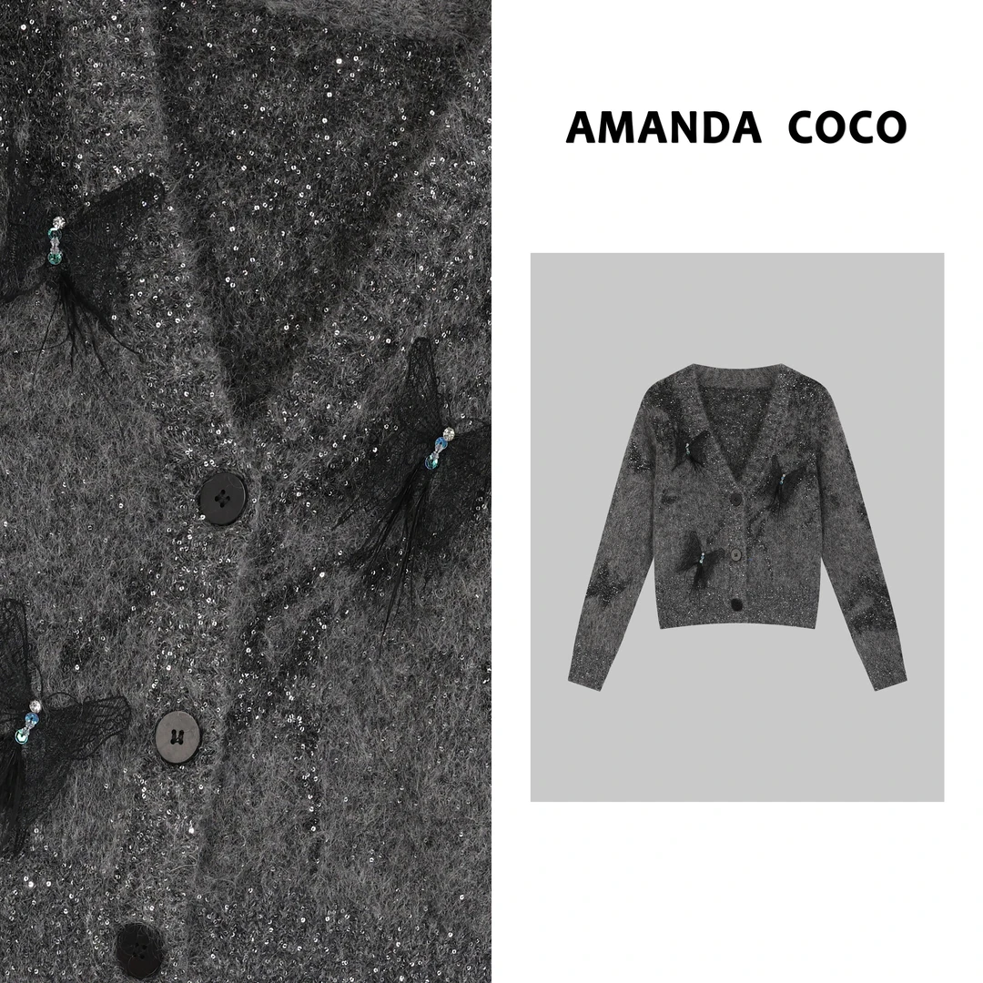 AMANDACOCO茜茜丨小众设计~高定立体蝴蝶V领气质毛衣