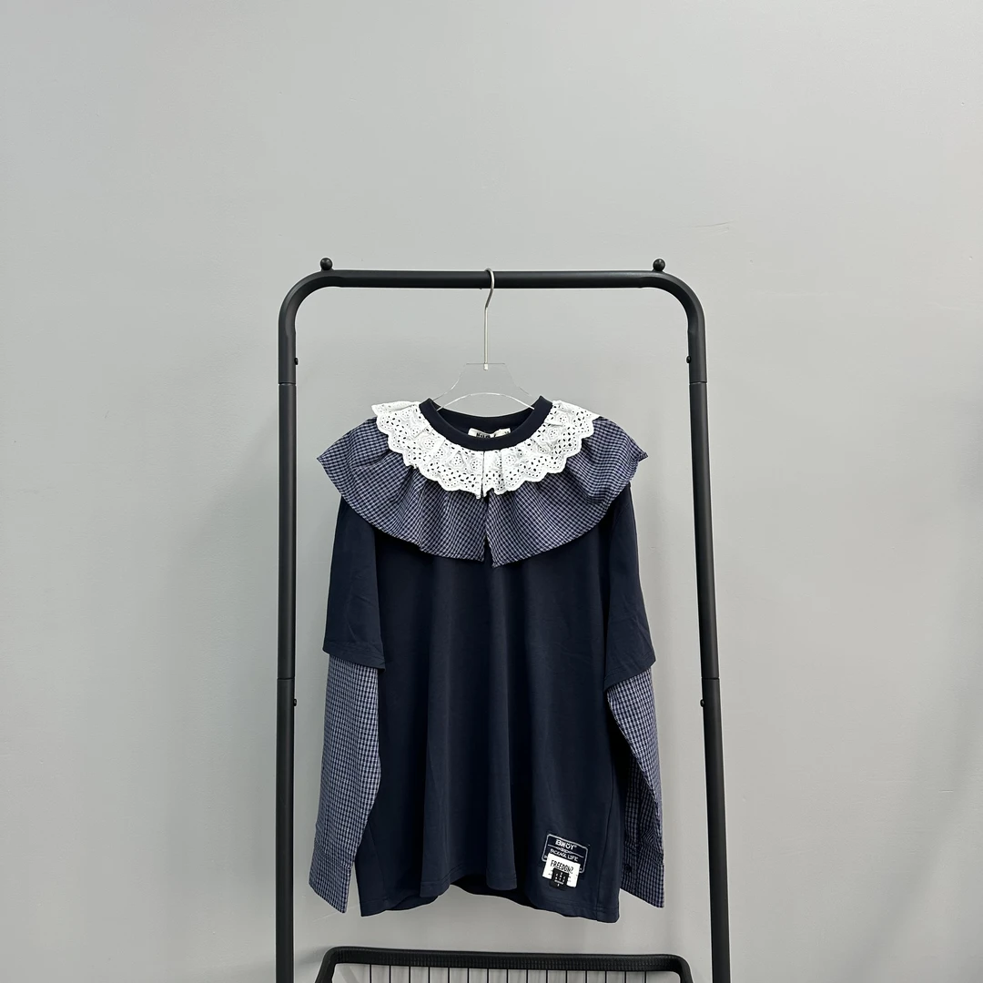 N99设计师小众设计2025早春新款甜美披肩蕾丝棋盘格假两件T恤2890