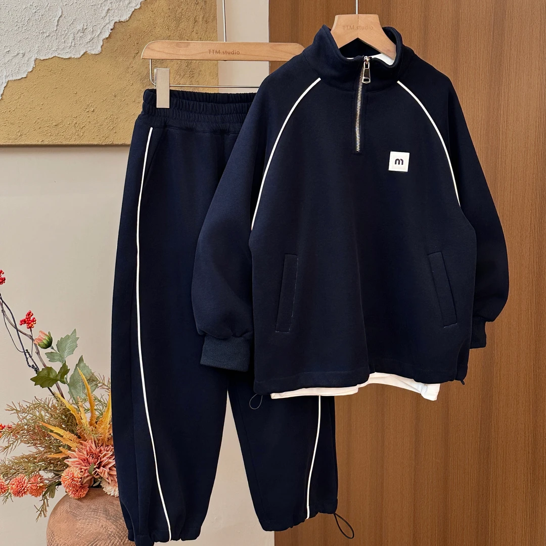 【现货】男女童立领休闲慵懒风套装潮牌2024年秋季韩版宽松两件套