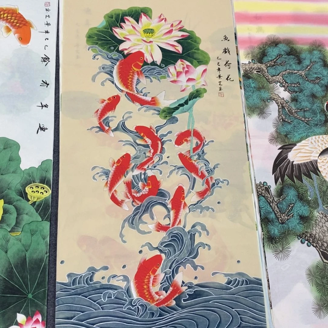 国画尺寸140✖️70四尺精品工笔手绘九鱼