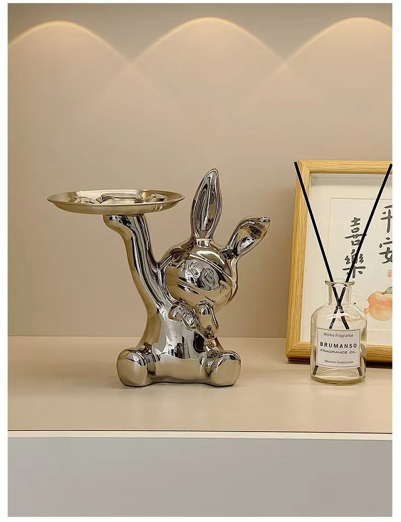 皇博可爱兔子入户摆件家居客厅摆设轻奢陶瓷收纳架钥匙收纳置物架