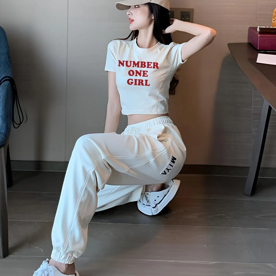 正肩95棉短袖t恤女夏季甜辣妹短款高腰修身显瘦字母印花上衣ins潮