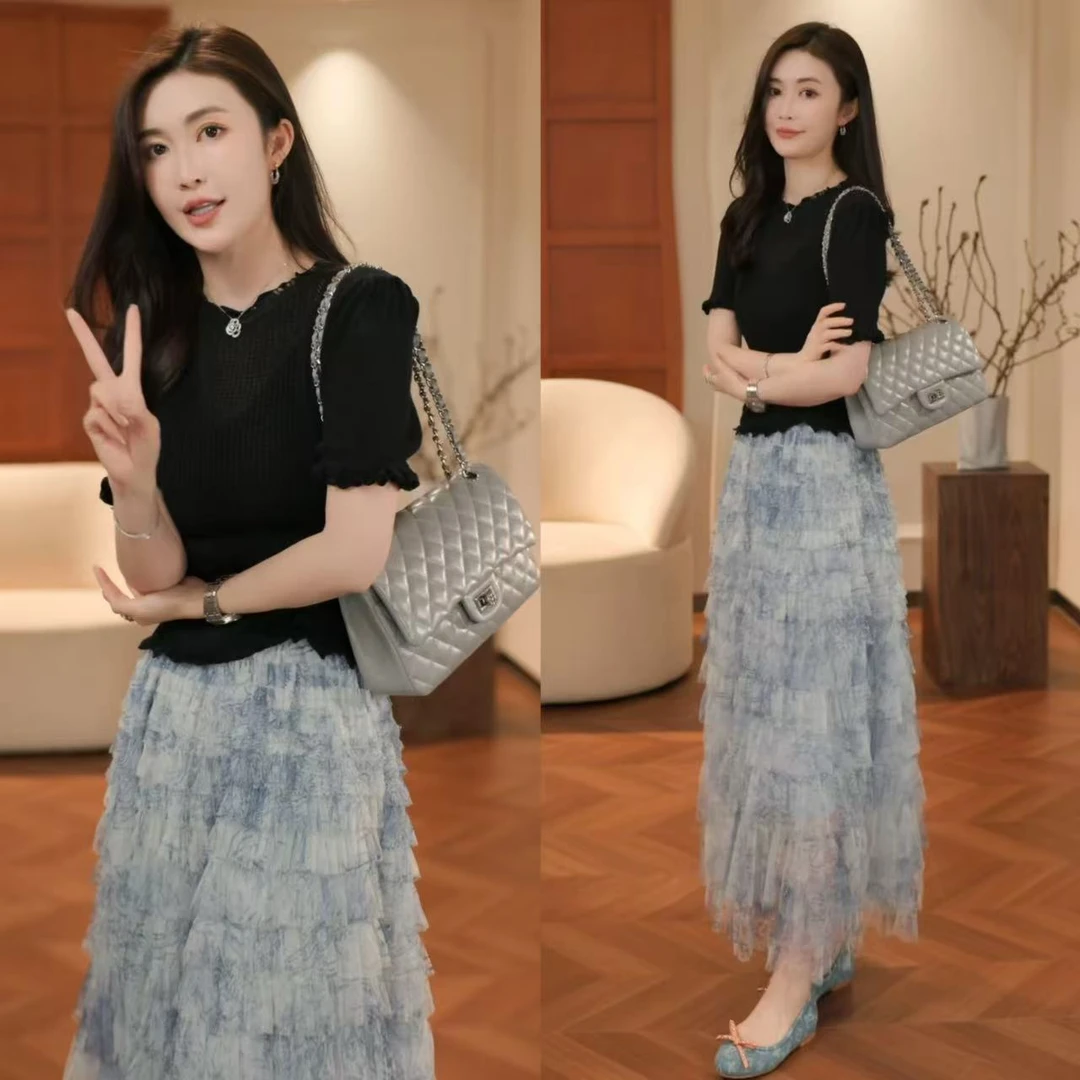 小众炸街高级感女装欧若风短袖针织打底衫百搭长款蛋糕裙两件套女