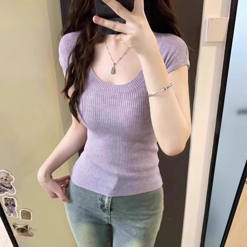 纯欲辣妹香芋紫正肩针织短袖T恤女夏季显身材大领口收腰显瘦上衣