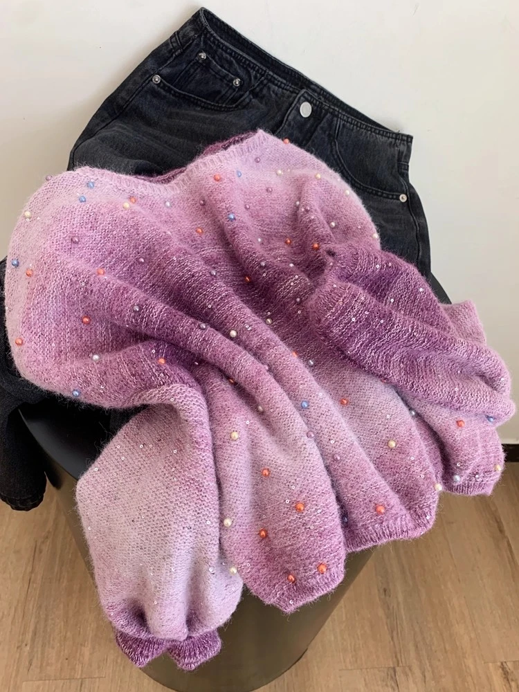 小香风渐变紫色长袖套头针织衫毛衣女2025新款小个子短款气质上衣