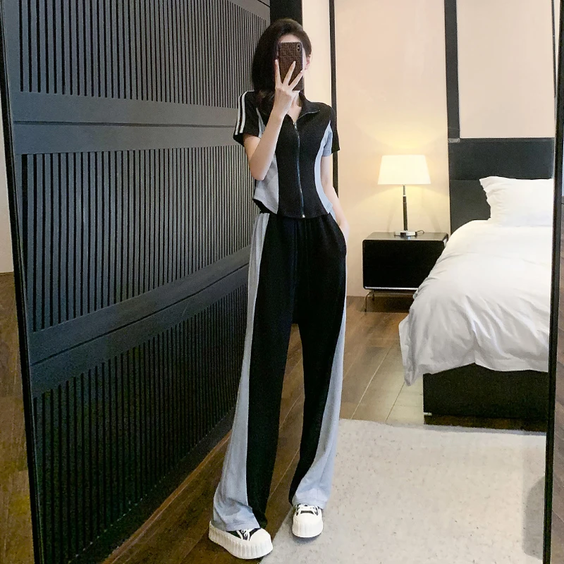 041休闲运动服套装女夏季时尚减龄洋气时髦显瘦短袖阔腿裤两件套