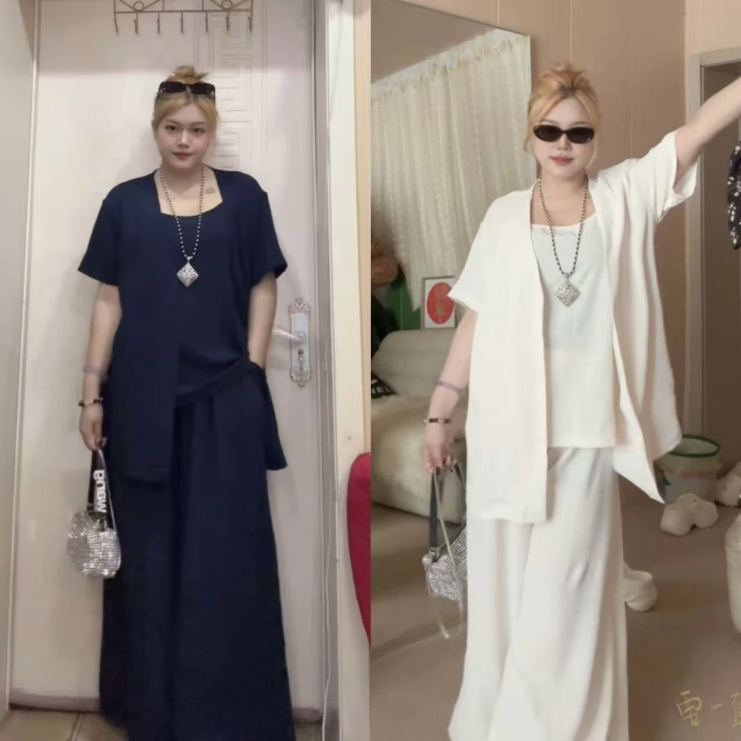 大码 【凉感度假】 轻薄微透 西服开衫+吊带+长裤 三件套10263