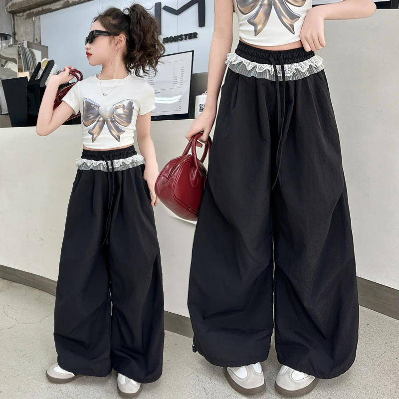 女童阔腿裤春夏新款韩版时髦中大童蕾丝花边休闲裤宽松速干工装裤