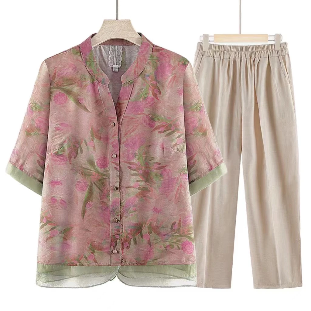 妈妈夏季新款清新文艺民族印花衬衫上衣纯色宽松阔腿裤时尚套装女