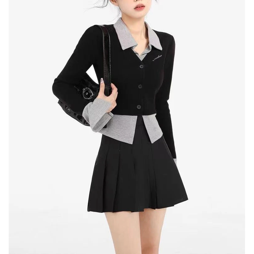 两件套学院风黑色假两件上衣女打底衫百褶裙长袖上衣9937