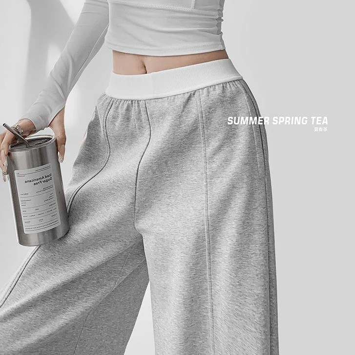 【夏春茶】撞色拼接腰头阔腿卫裤女高腰显瘦直筒加绒拖地运动裤子