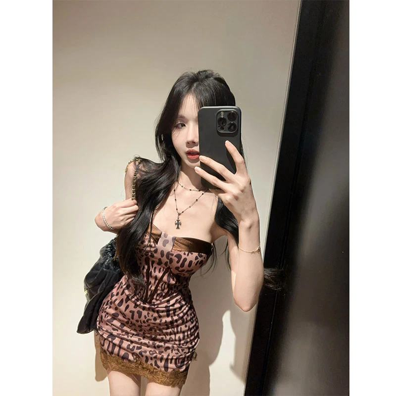 2025春季新款纯欲性感辣妹豹纹印花蕾丝花边抹胸连衣裙收腰包臀裙