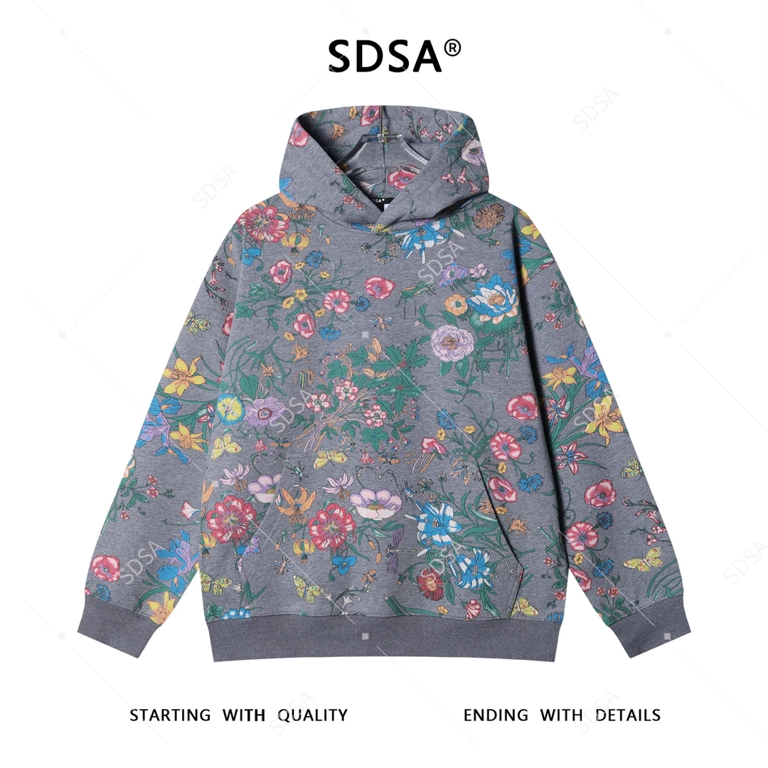 SDSA男士秋冬新款痞帅男装简约时尚撞色满印植物花卉连帽卫衣百搭