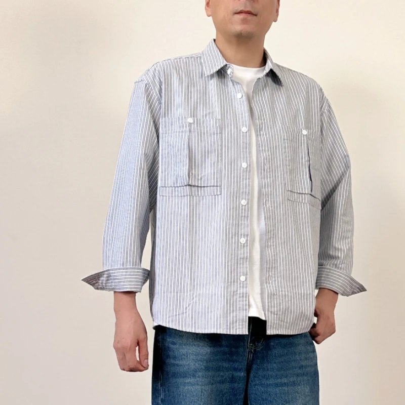 日系秋季新款条纹衬衫男士长袖美式休闲高端纯棉潮牌外套