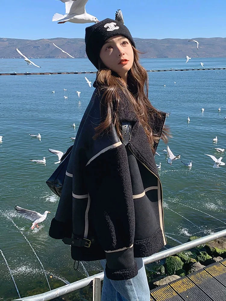 （塔苏）黑色机车服新款设计感拼接加绒一体外套23208