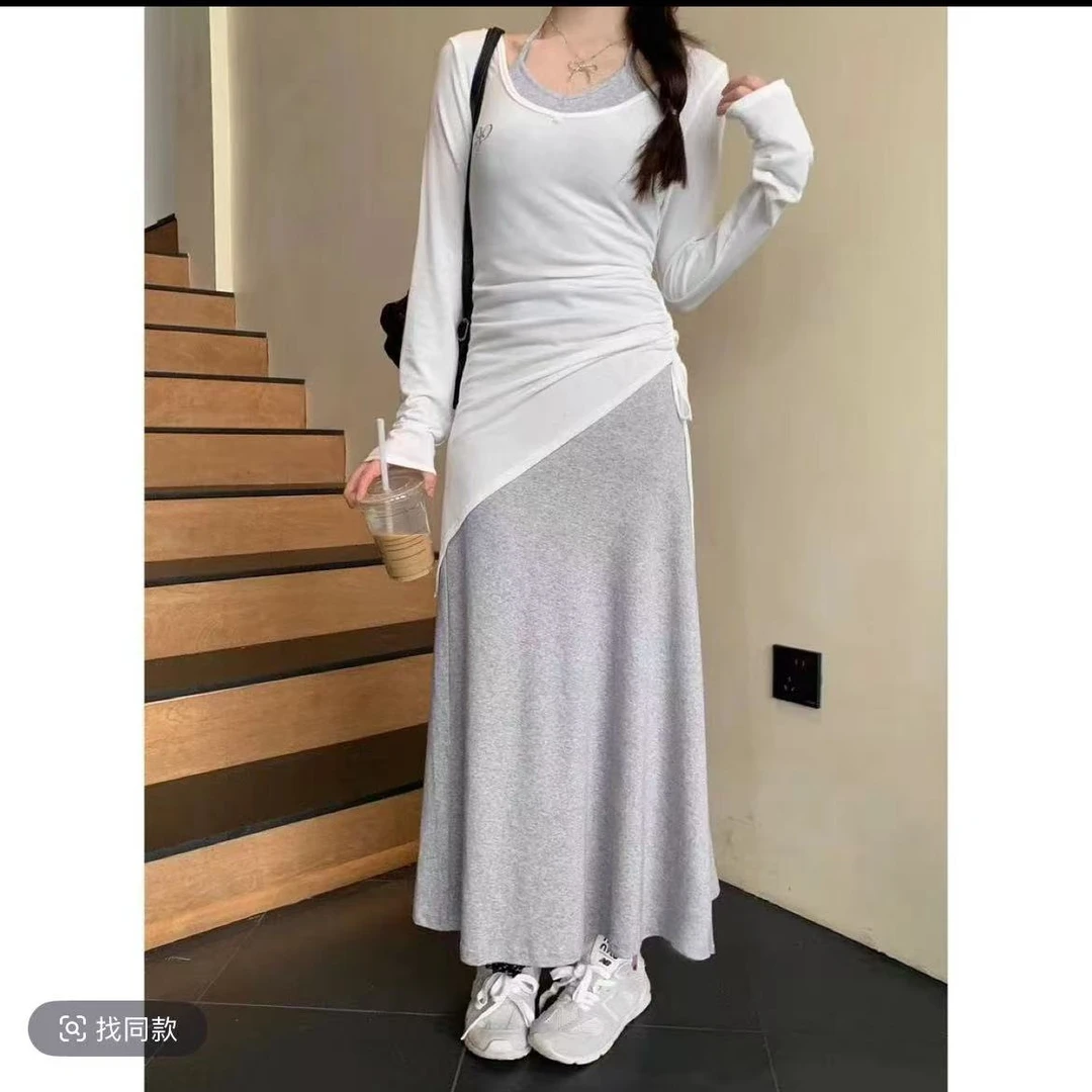 气质套装裙女2025春季新款纯欲抽褶罩衫收腰显瘦挂脖连衣裙两件套