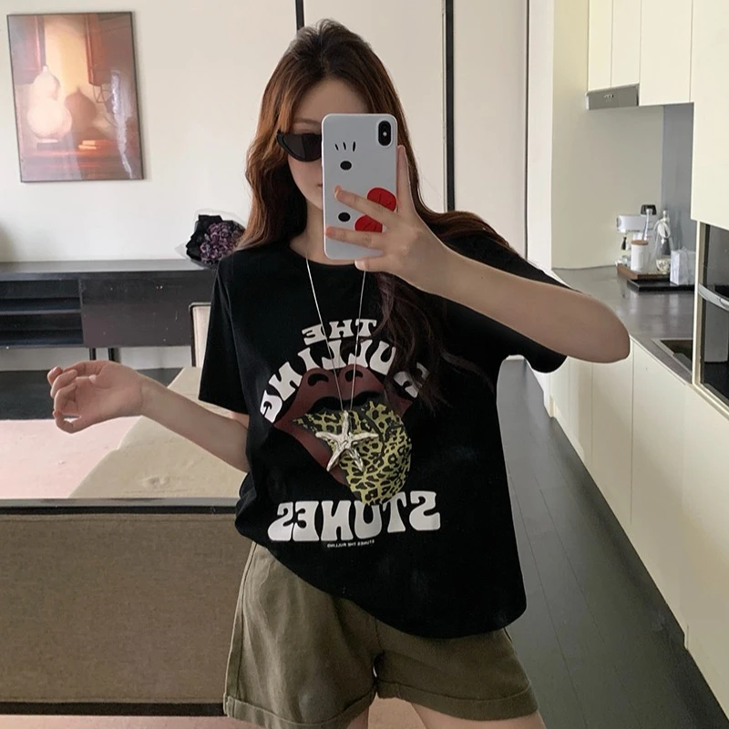 2025夏新款胖MM大码女美式复古豹纹嘴唇印花宽松短袖T恤显瘦宽松