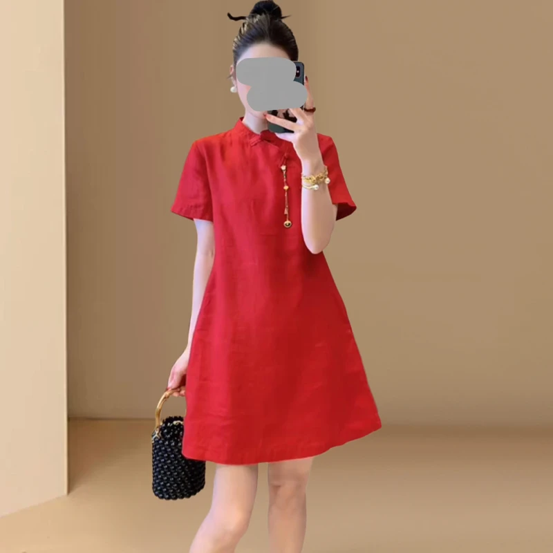 新中式国风复古别致洋气设计感巨好看红色立领连衣裙2025夏季新款
