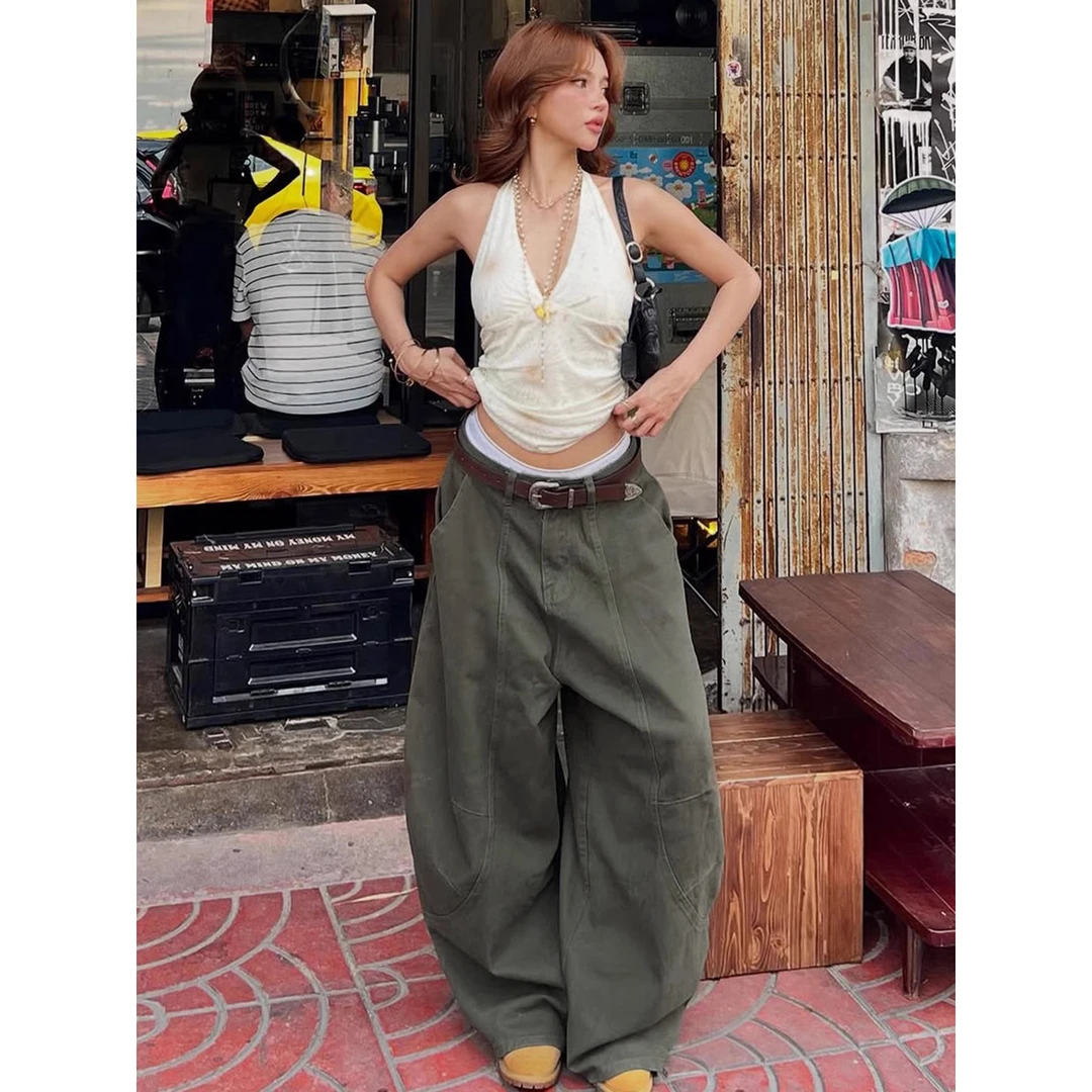 美式复古弯刀牛仔裤女夏季新款休闲宽松垂感直筒阔腿拖地长裤子潮