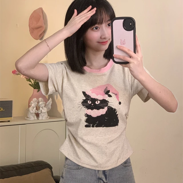 可爱卡通猫咪印花短袖女甜妹粉色圆领T恤小个子显高短款内搭上衣