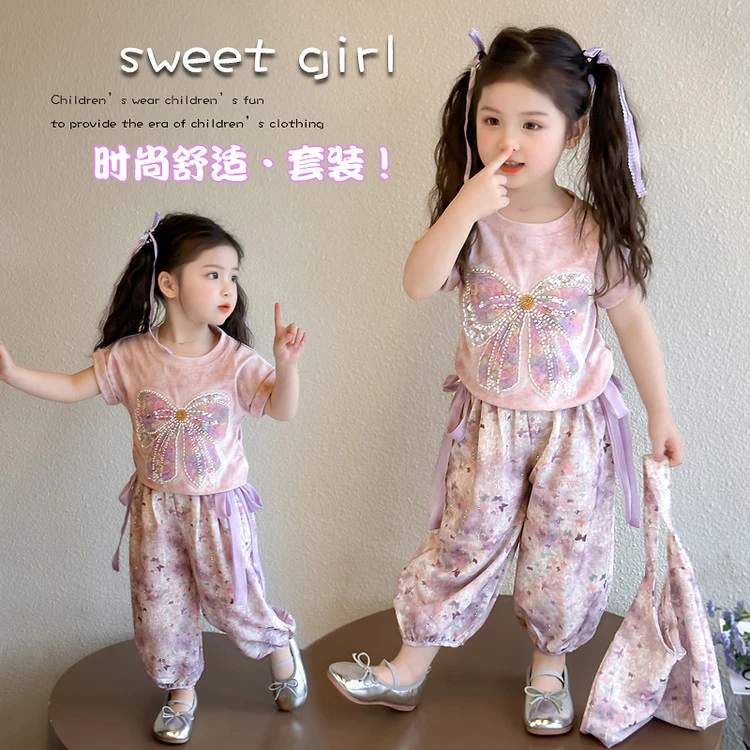 女童蝴蝶结套装女宝宝洋气套装2025夏季新款儿童短袖防蚊裤两件套