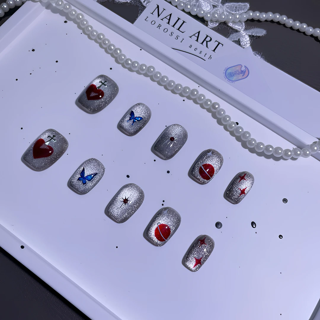 A1714『黑银心球』甜酷质感显白猫光手绘爱心星球纯手工制作穿戴甲