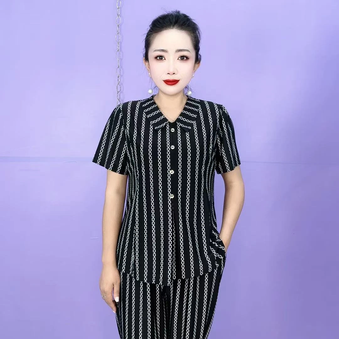 H 娃娃领竖条冰丝凉爽洋气套装妈妈两件套（上衣+裤子）