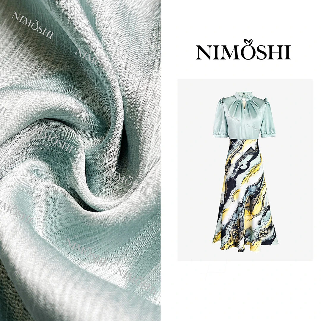 NIMOSHI【达妮】小清新拼接水墨印设计褶皱气质时尚连衣裙Q1726