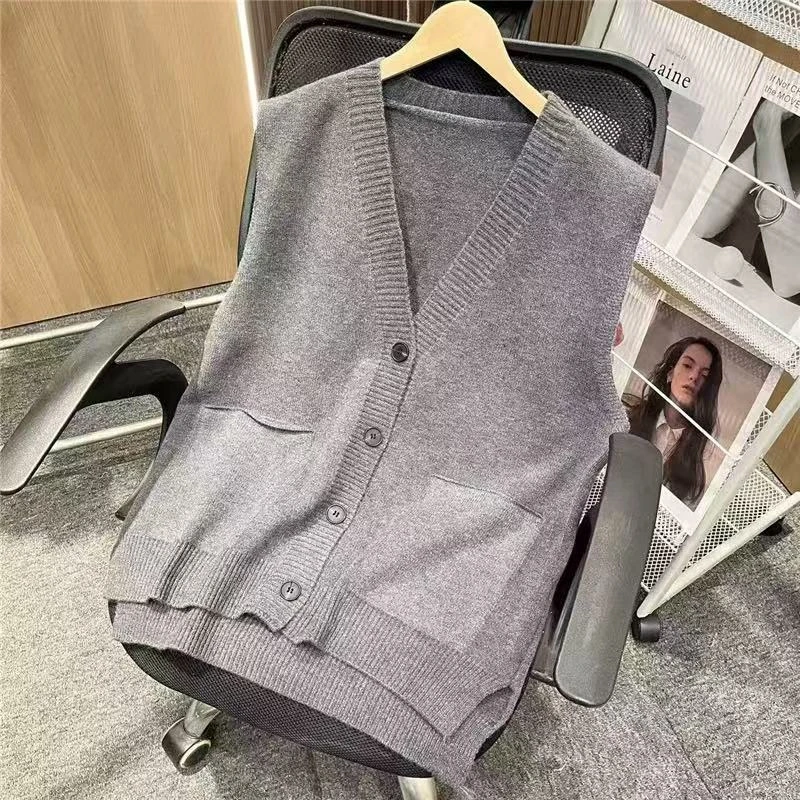 女装毛秋冬针织衫V领开衫羊毛衫针织衫百搭上衣无袖中长款灰色女
