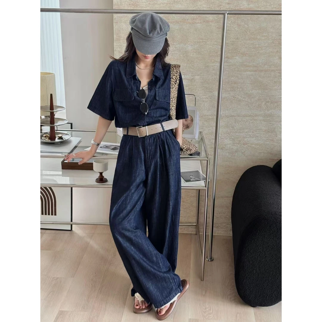 SP【大都会游】通勤高级感牛仔衬衫别致阔腿裤套装牛仔套装