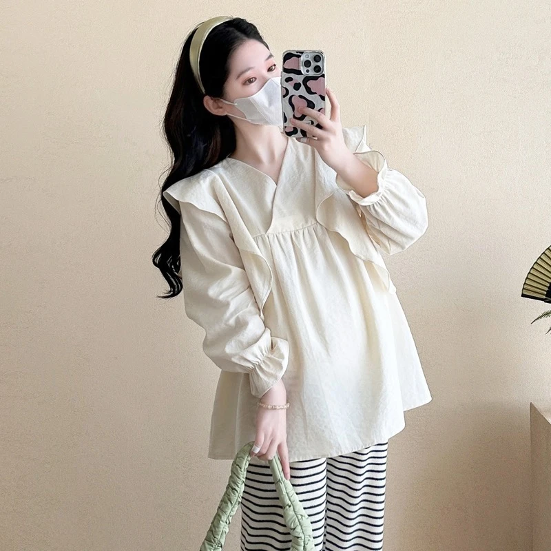 孕妇衣服上衣春秋宽松娃娃衫2025新款v领秋季高级感