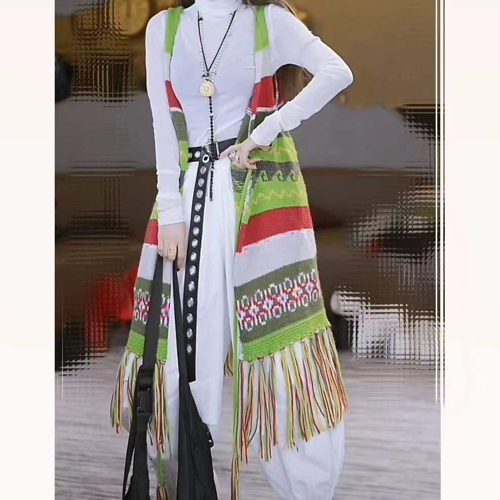 撞色条纹民族风毛织流苏坎肩马甲