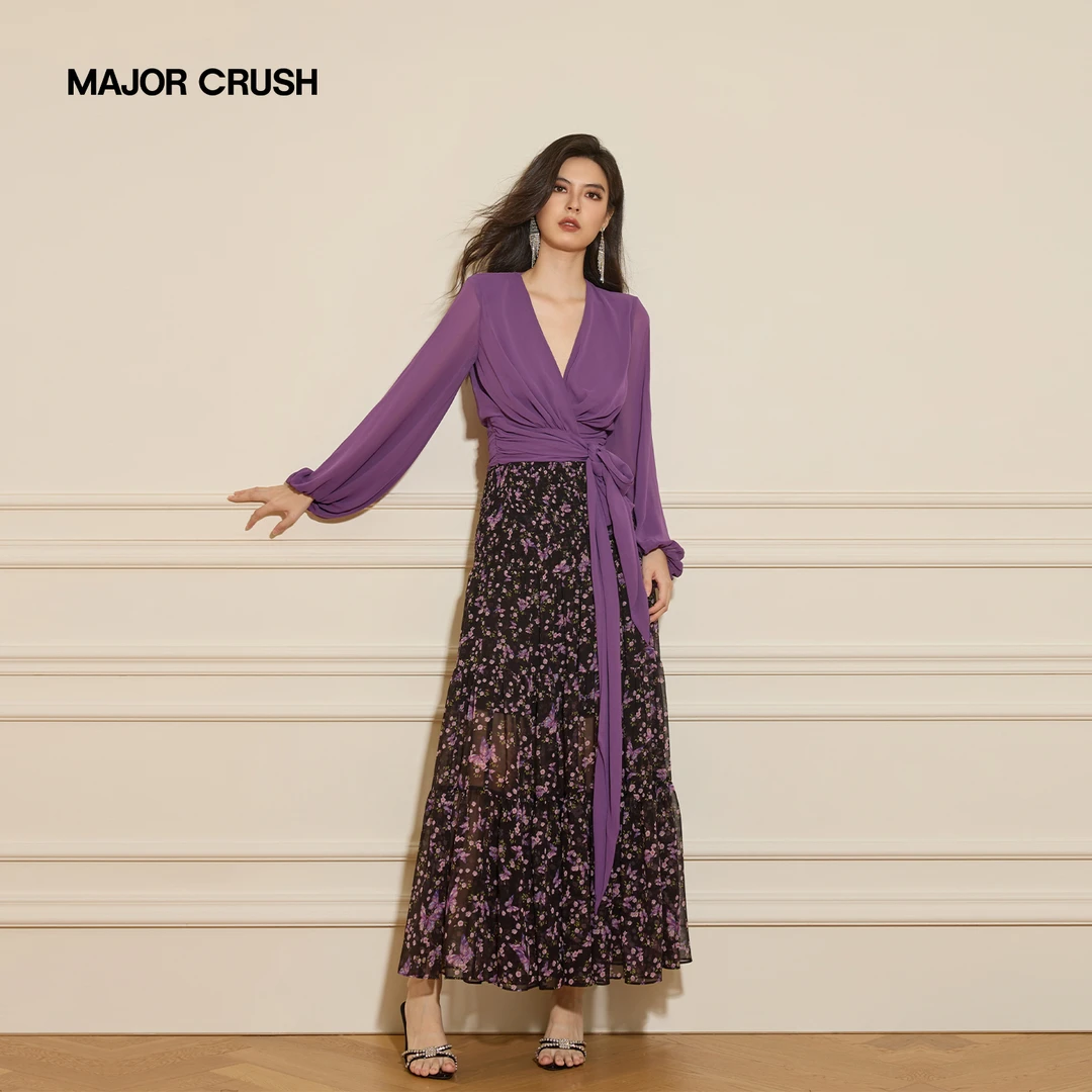 MAJOR CRUSH秋季新款复古气质时尚系带撞色时尚沐紫套装74379