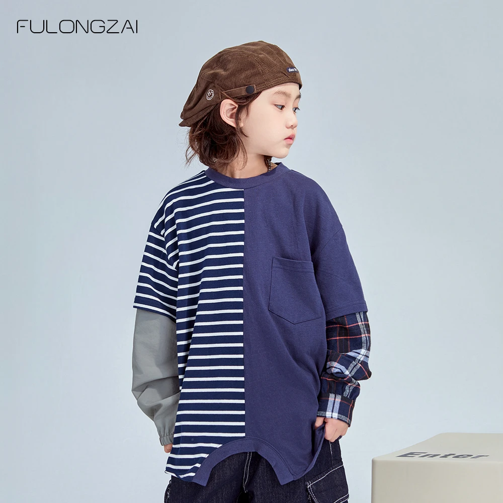 福龙仔春季男透气T恤休闲中大童长袖条纹宽松卫衣童装2501013TX