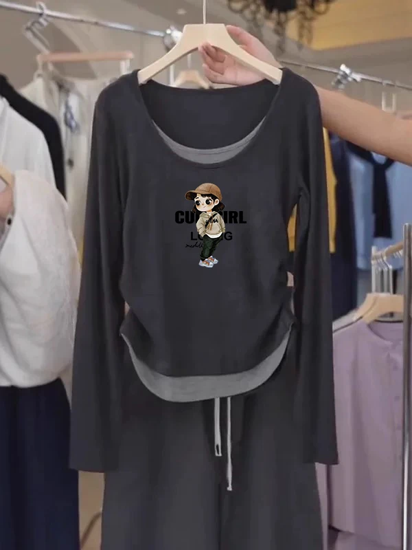 港风复古撞色新款春秋假两件长袖打底正肩圆领内搭女T恤显瘦上衣