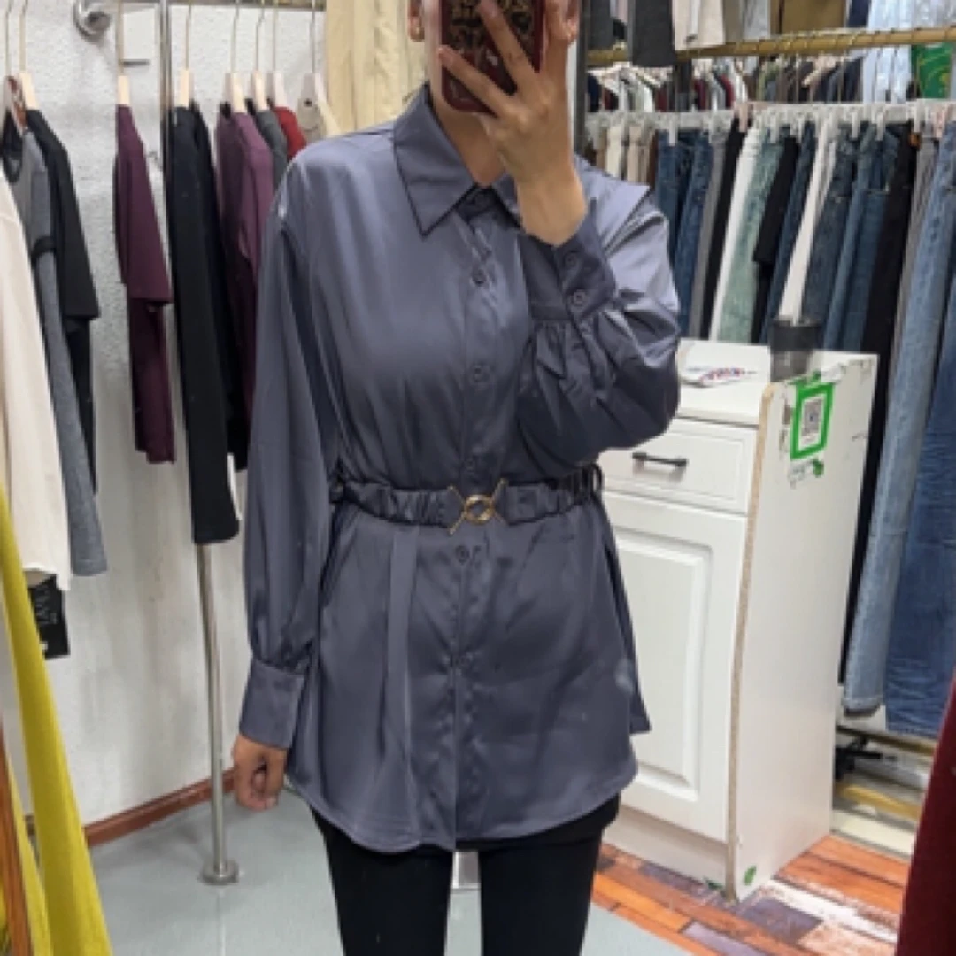 长袖衬衫收腰遮肚中长款大码显瘦洋气上衣