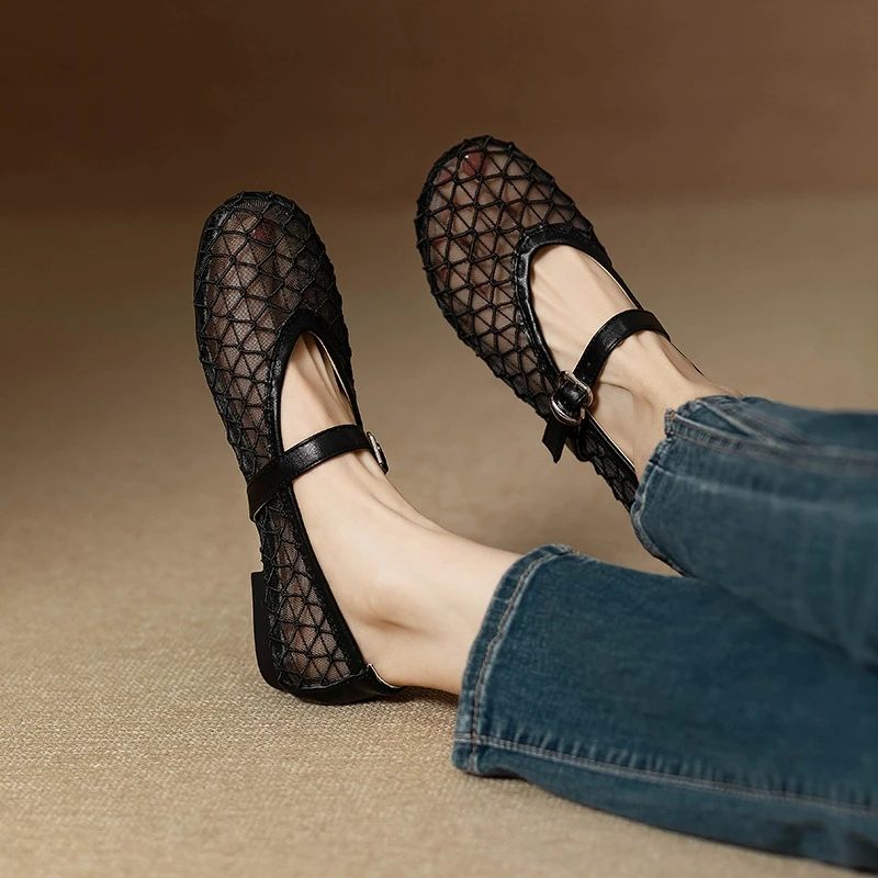 法式透气网纱单鞋女2025年真皮舒适圆头软底百搭一字带玛丽珍凉鞋
