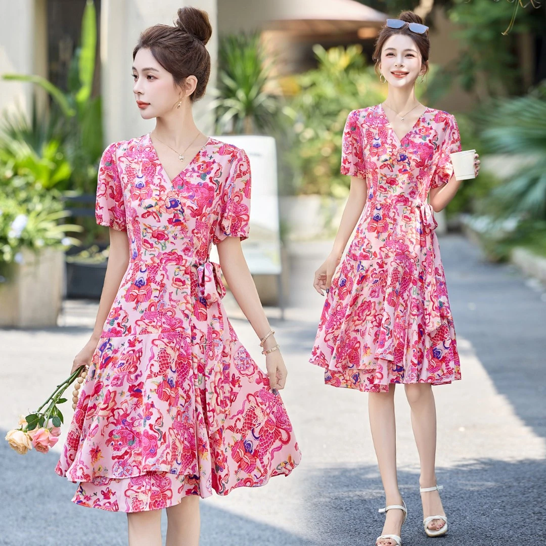 2025夏季新款法式茶歇不规则V领短袖连衣裙复古优雅雪纺鱼尾裙女