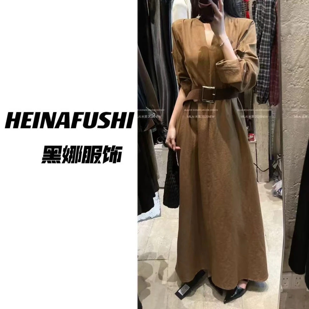 【现货】简约气质V领收腰长袖连衣裙8597