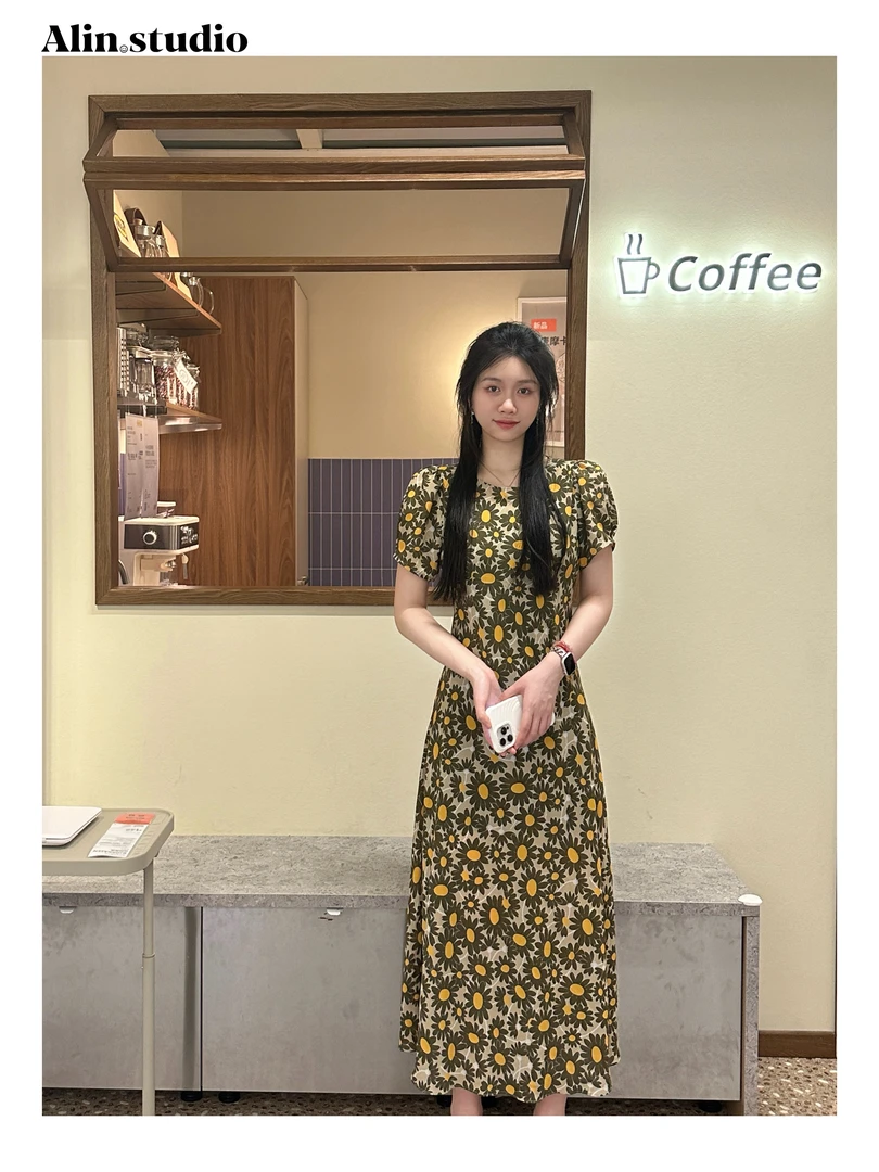 【小雏菊】（没纽扣）优雅斜裁油画花卉连衣裙收腰显瘦法式复古碎花裙