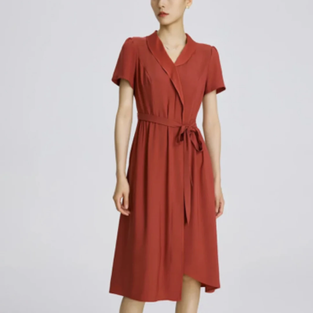 【W06玫红藏蓝裙】休闲时尚百搭洋气2025夏季新款短袖中长款连衣裙