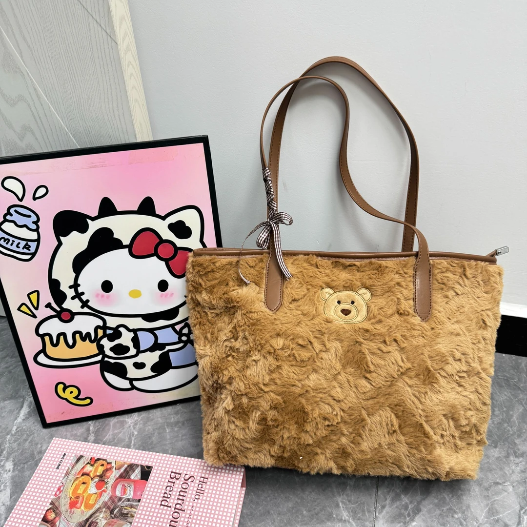【甜心】棕泰迪绒小熊刺绣托特包 可爱少女通勤单肩包！送丝带