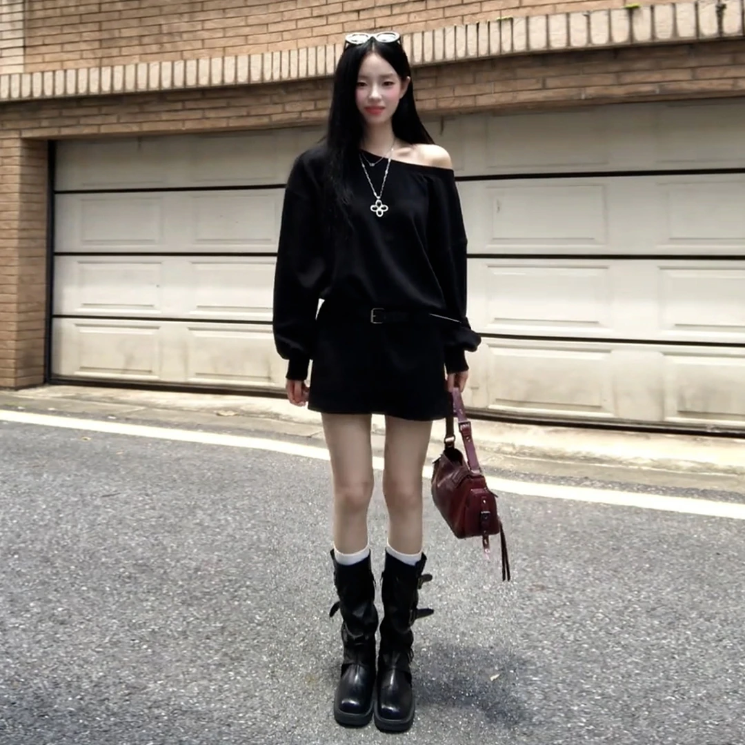 小个子斜肩卫衣连衣裙子女早秋2025新款韩系穿搭一整套高级感套装