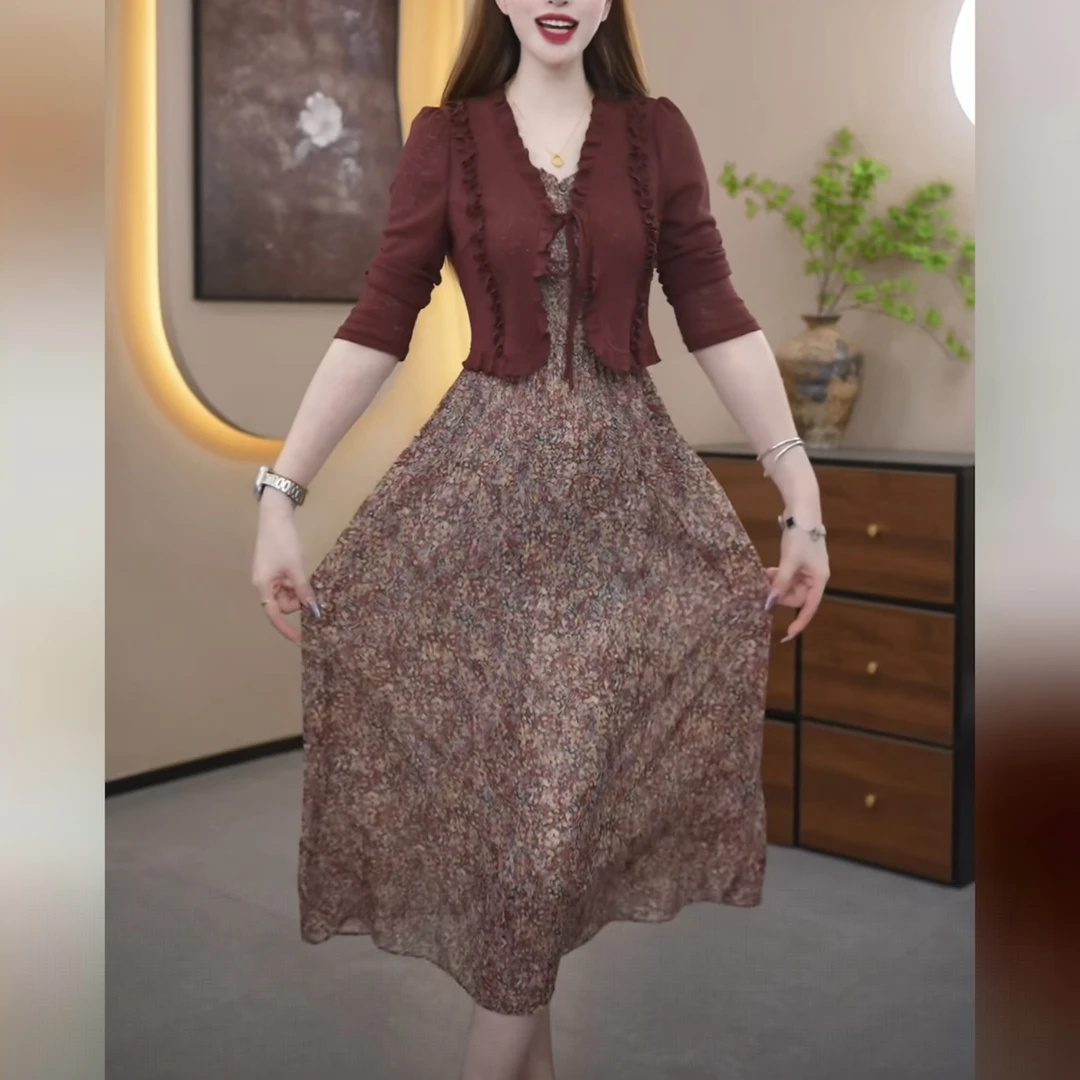 【外衫+背心裙】2025秋季新款时尚气质长袖显瘦洋气修身两件套裙