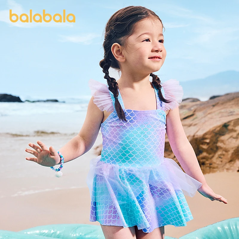 巴拉巴拉女童泳衣连体儿童泳装小童防晒耐氯网纱裙摆连体泳裙甜美