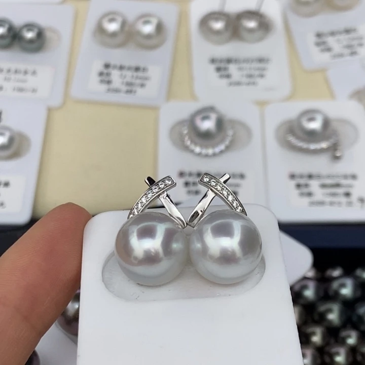 银S925镶嵌海水珍珠耳饰澳白12-13