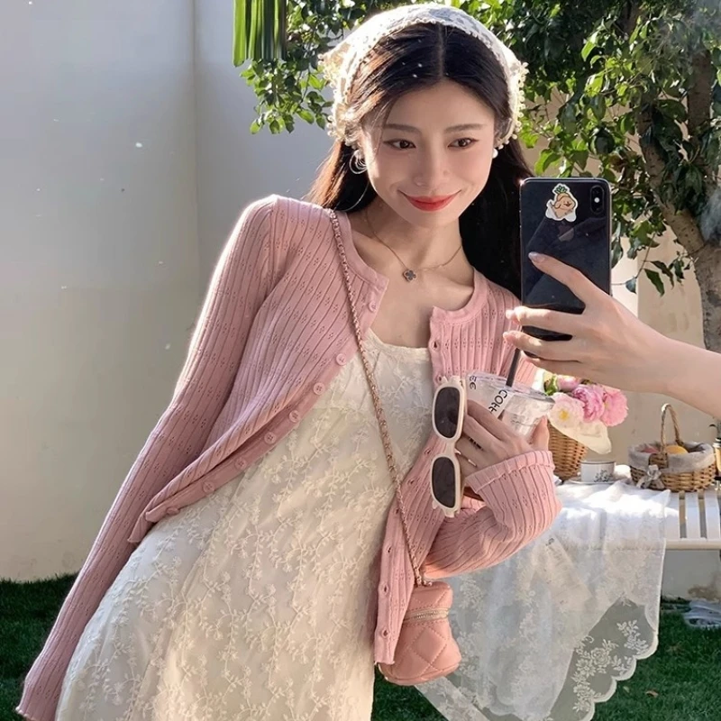 韩系温柔风甜美粉色针织开衫外套女早秋新款时尚外搭披肩长袖上衣