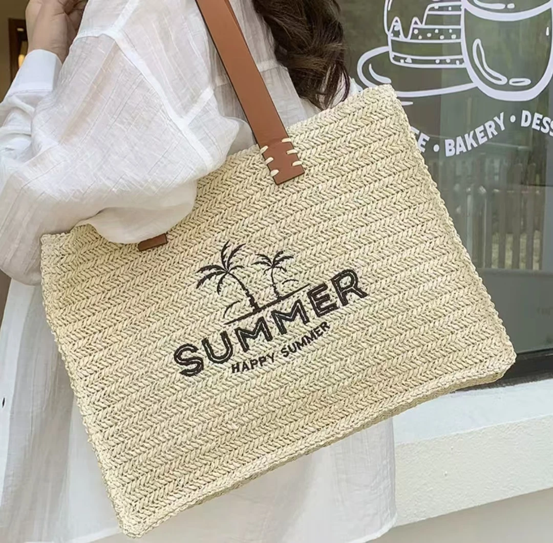 2025夏季新款大容量托特草编包度假风海边沙滩包绣花单肩手提包