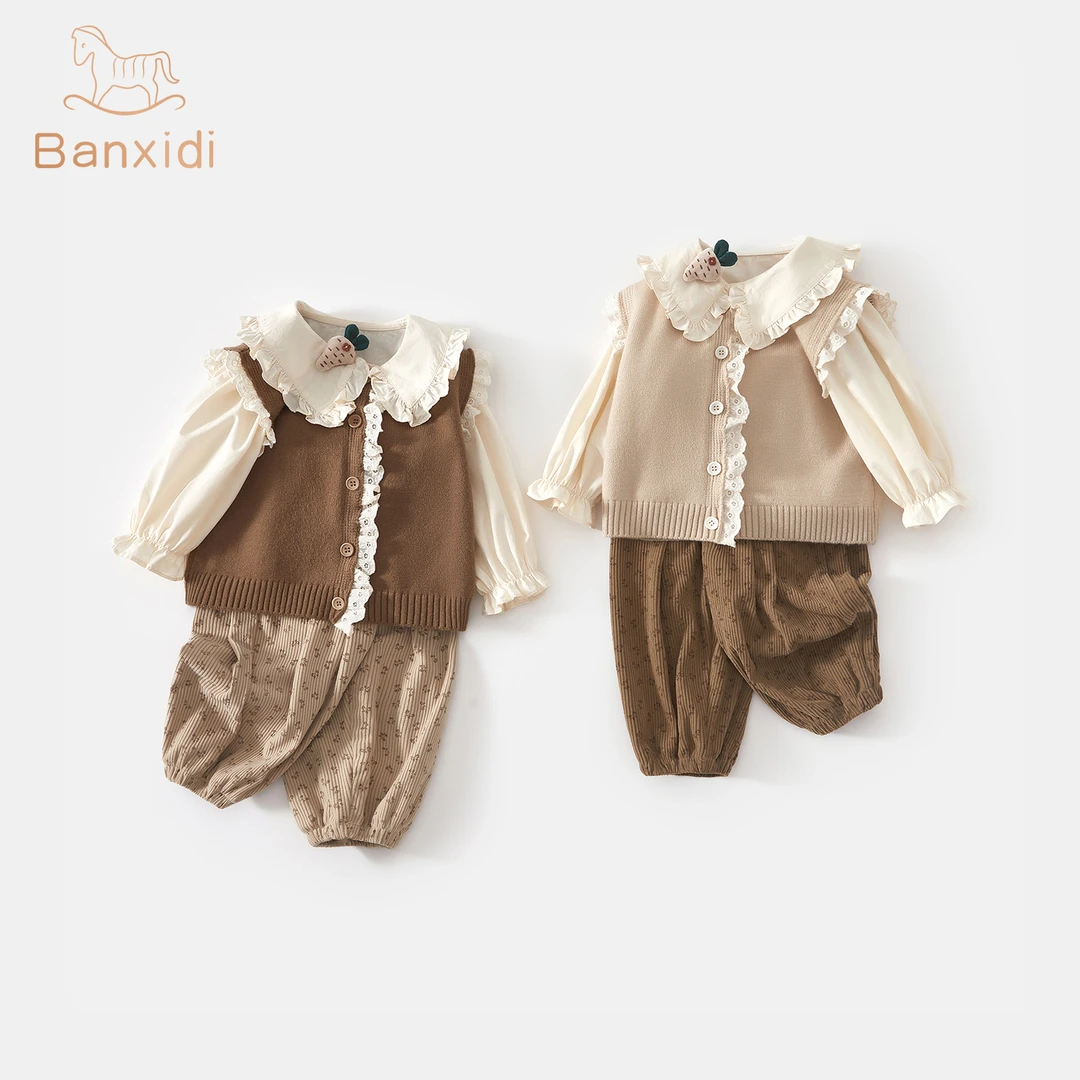 班喜迪女童秋装套装新款洋气女宝宝毛衣马甲童装秋冬季衣服三件套