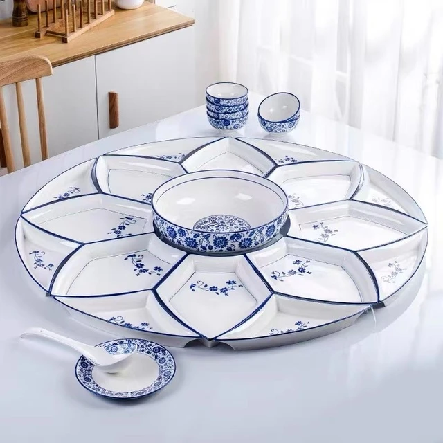 网红青花瓷16盘组合拼盘餐具套组创意摆盘团圆聚会扇形盘炒盘子子